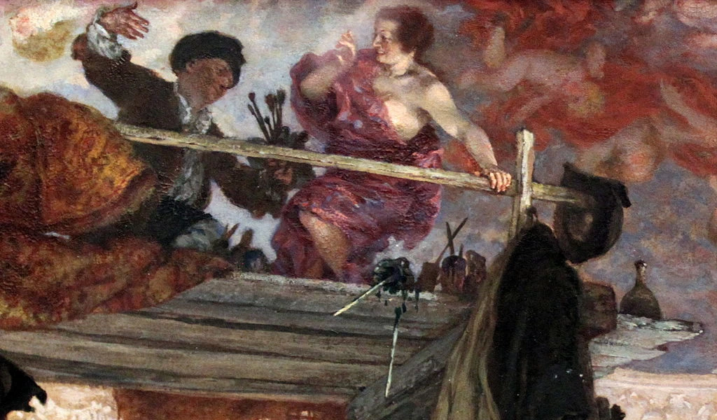 Il principe ereditario Federico visita l'artista Pesne sulla sua piattaforma di pittura - Alte Nationalgalerie, Berlino, dettaglio